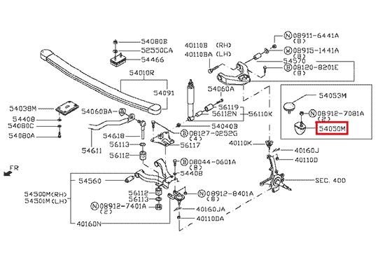 Отбойник передней подвески Nissan Cabstar (Ниссан Кабстар) F24, Febest, 54050MB40A На схеме изображено расположение отбойника передней подвески Nissan Cabstar (Ниссан Кабстар) F24, Febest, 54050MB40A
