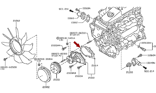 Прокладка помпы (водяного насоса) NISSAN CABSTAR F24 дв. ZD30DDTI, оригинал, 21014MA70A