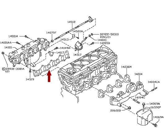 Прокладка впускного коллектора Nissan Cabstar (Ниссан Кабстар) F24 дв. ZD30DDTI, AJUSA Расположение прокладки впускного колектора Ниссан Кабстар Ф24 на схеме
