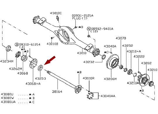 Сальник задней полуоси Nissan Cabstar (Ниссан Кабстар) F24 - наружный, оригинал, 432539X600 Размещение на схеме сальника задней полуоси Nissan Cabstar 432539X600